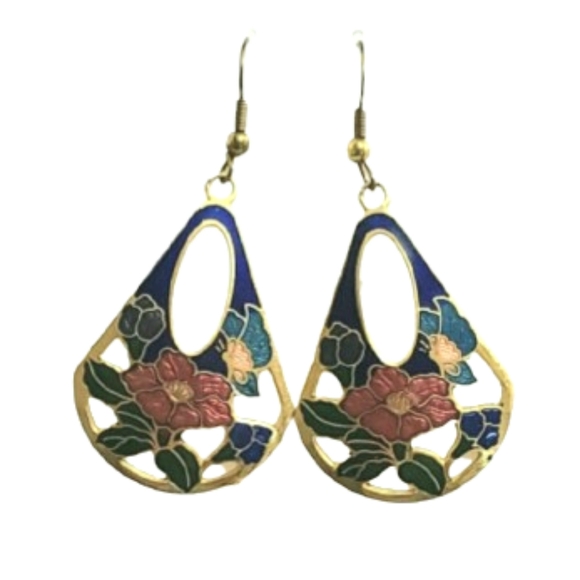 vintage jewelry Jewelry - Beautiful Floral and Butterfly Cloissonne Keyhole Pear Dangle Earrings